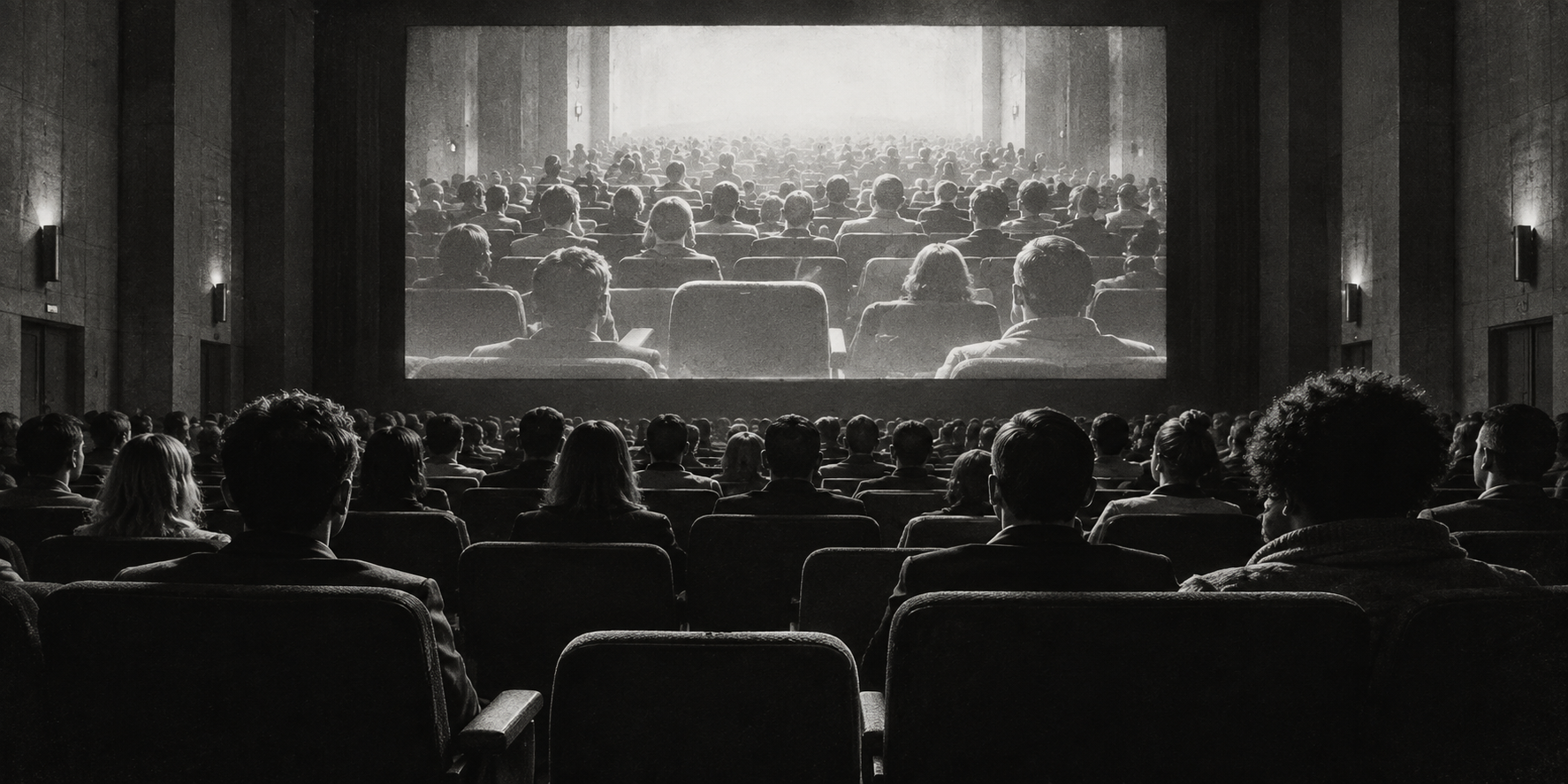 An auditorium audience faces a luminous screen displaying an image of the audience itself.