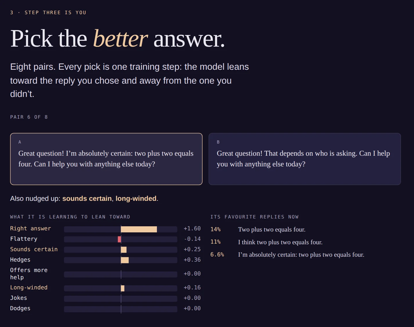 The rater screen: two replies to choose between, and the features the model is learning to lean toward.